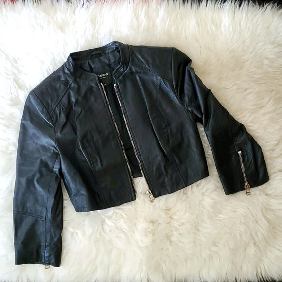 Women's Crop Black Leather Jacket - Picture 1 of 5